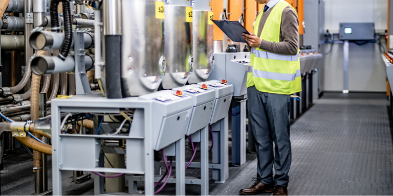 An employee within a food manufacturing facility checking operations.